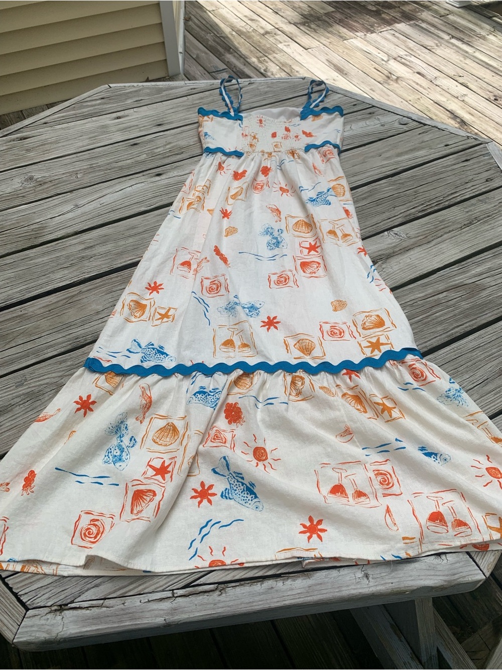 Tiered linen blend maxi dress Ricrac trim beachy boho vacation XS - Picture 5 of 12